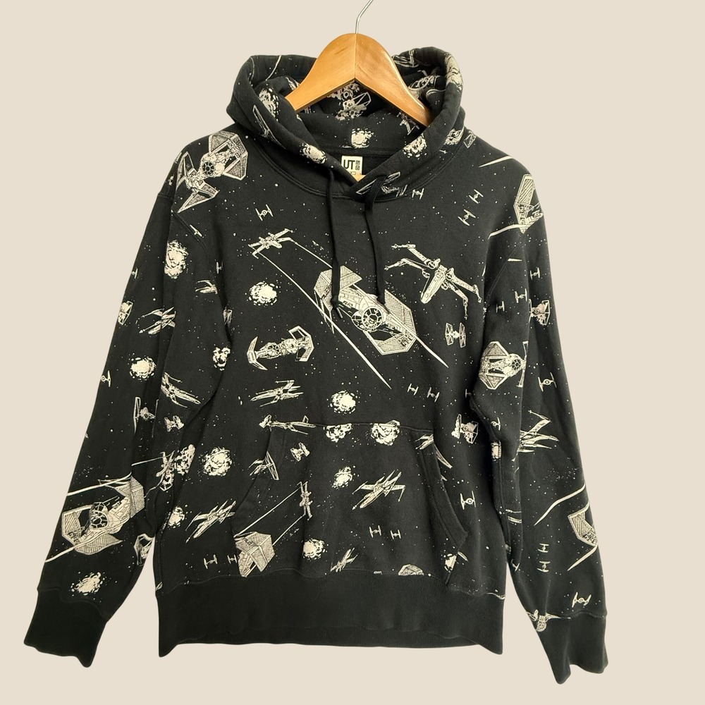 Uniqlo UT Star Wars Hoodie Mens M 160543 All Over Spaceship Print Black